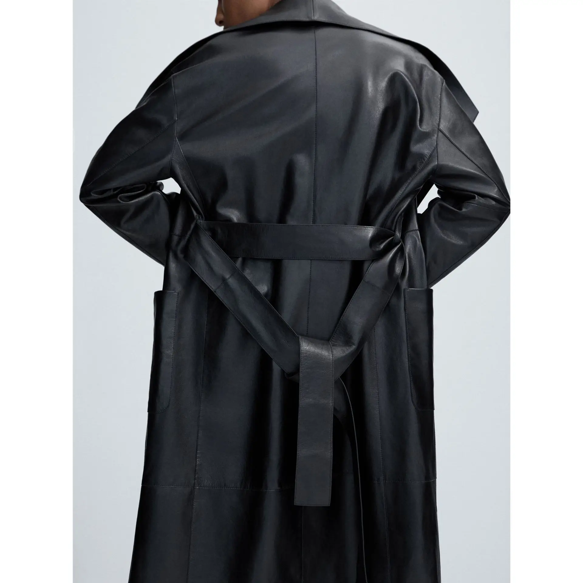 Turn-down Collar Women Long Real Leather Jacket With Belt Long Sleeve Leather Trench Coat Women Outdoor Jackets