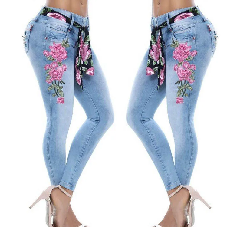 
Embroidery Denim Jean For Women Skinny High Waist Jeans Female Blue Denim Pencil Pants Stretch Waist Women Jeans Plus Size Pant 