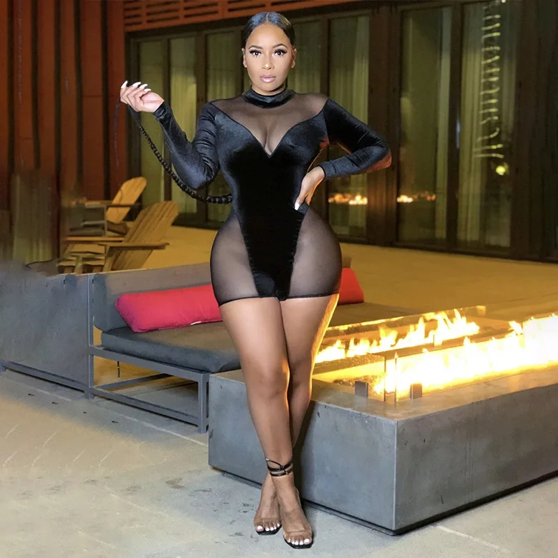 M58003 Sexy Elegant Bodycon Mesh O Neck Patchwork Velour Button Long Sleeve Rompers Womens