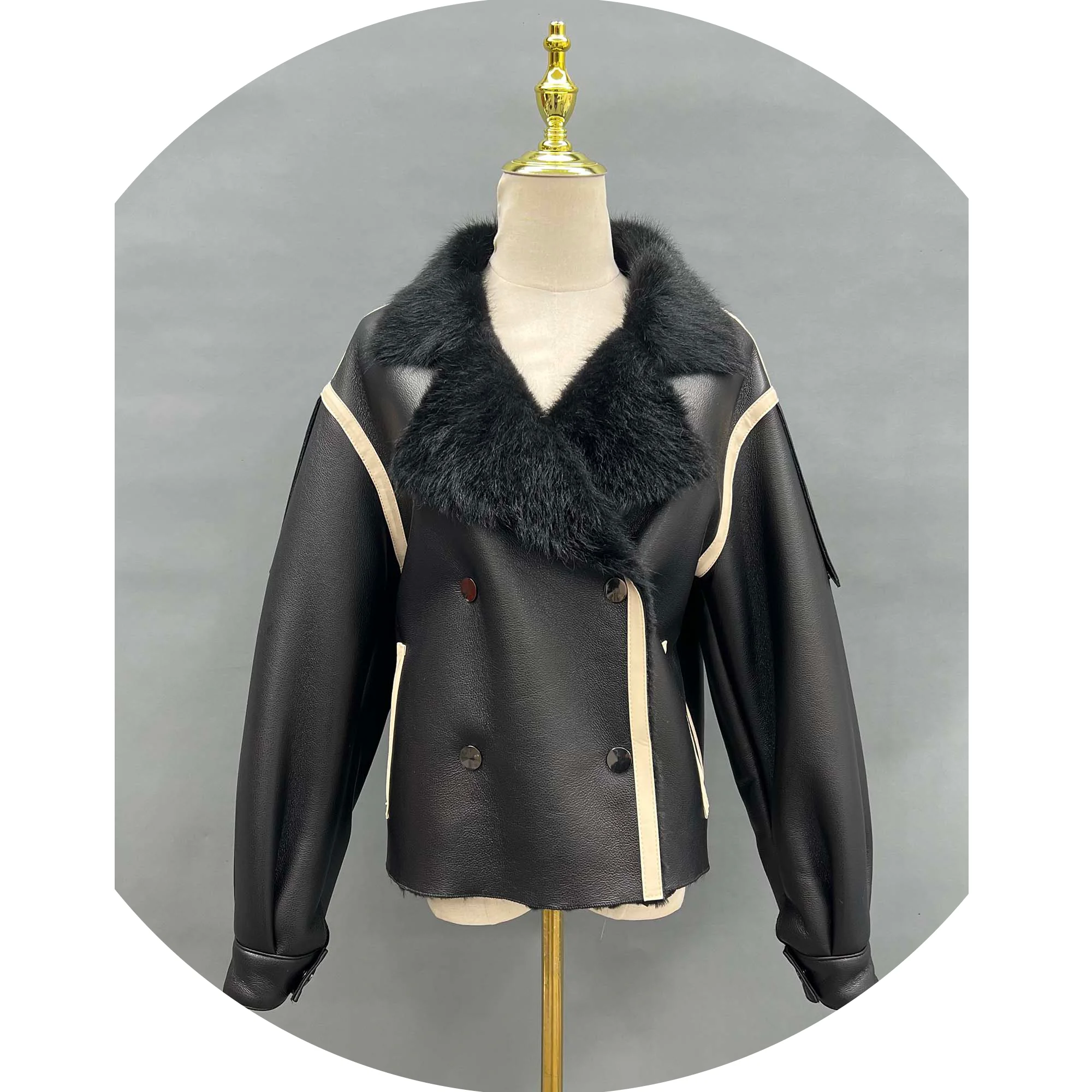 Janefur Wholesale Price Autumn Winter Europe Cheap Price Faux Fur Doubleface Leather Jacket Coat