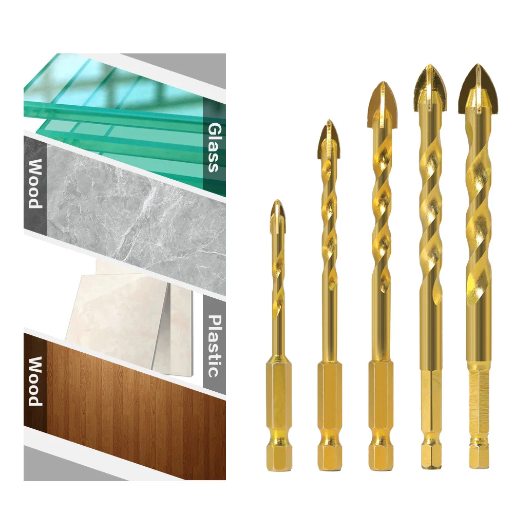 7mm Hex Shank Twist Glass Bits Titanium Ceramic Drilling Drill Set 4 6 8 10 12mm Tile Concrete Cross Tip Hole Bit Tile