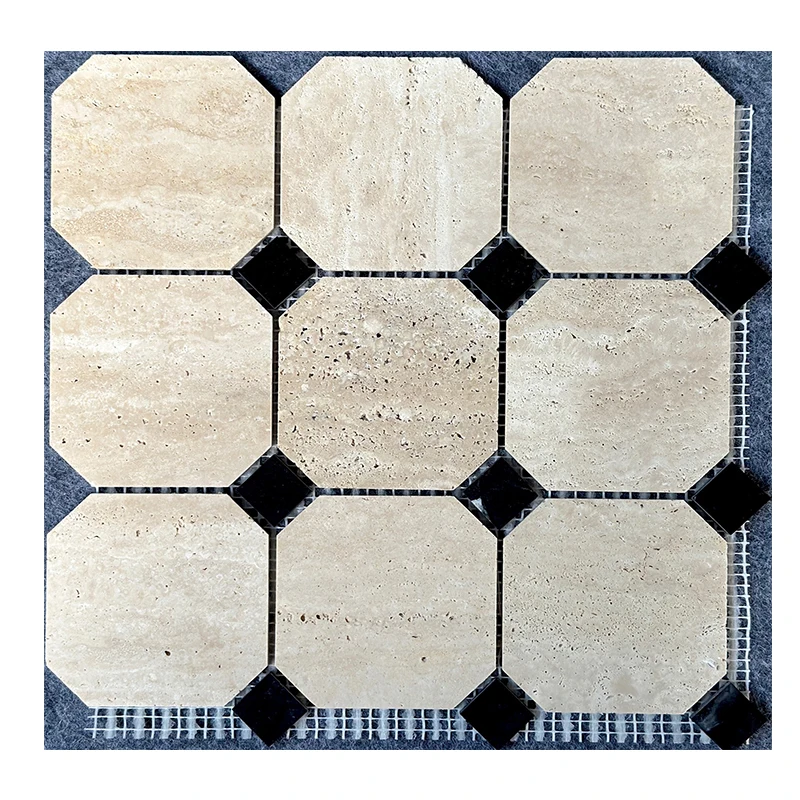 Beige travertine mosaic octagon rhombus dots classic flooring tiles bath kitchen limestone paver paving tile moroccan handmade