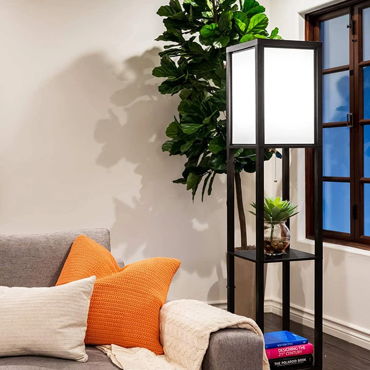Cheap Modern Luxury Floor Lamp with Shelf White Lampshade Wooden Floor Lamps For Living Room Bedroom Hotel Office Classic Black