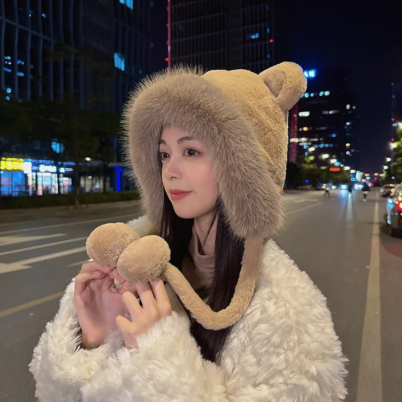 Autumn and Winter New Version Cute Thickened and Warm Female Little Bear Ear Plush Hat Women Ear Protector Hat