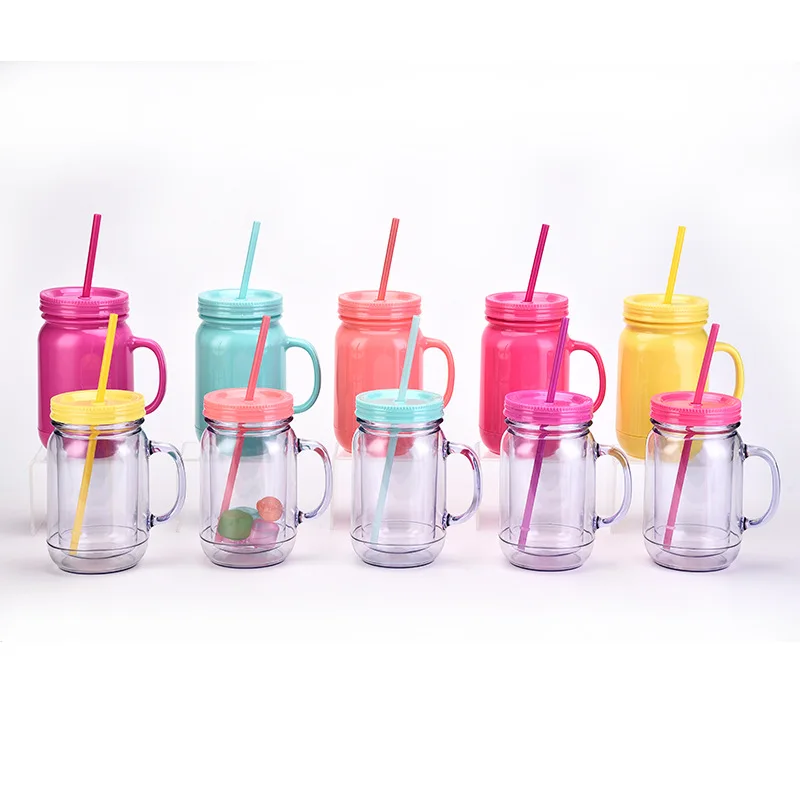 20oz Plastic Cup Transparent&Pure Color Series Drinking Water Bottle With Handle Daily Canned Mug Cup With Straw