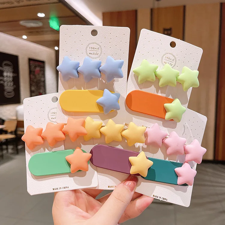 Two Pieces Sets Cute Candy Color Hairgrips Set Korean New Simple Clip Bangs Heart Star Shaped Hair Clip For Girls