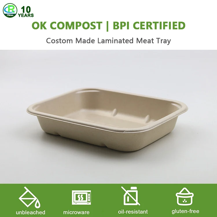 OEM Service Sugarcane Bagasse Pulp Compostable Laminated Meat Tray Packaging Disposable Biodegradable Meat Tray BagasseTableware