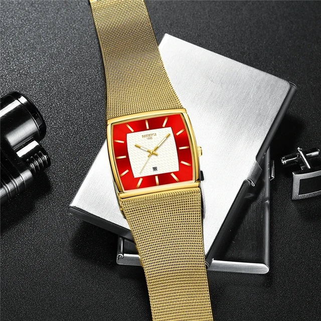 NIBOSI 2376 Square Luxury Mens Stainless Steel Date Clock Ultra Thin Quartz Watch