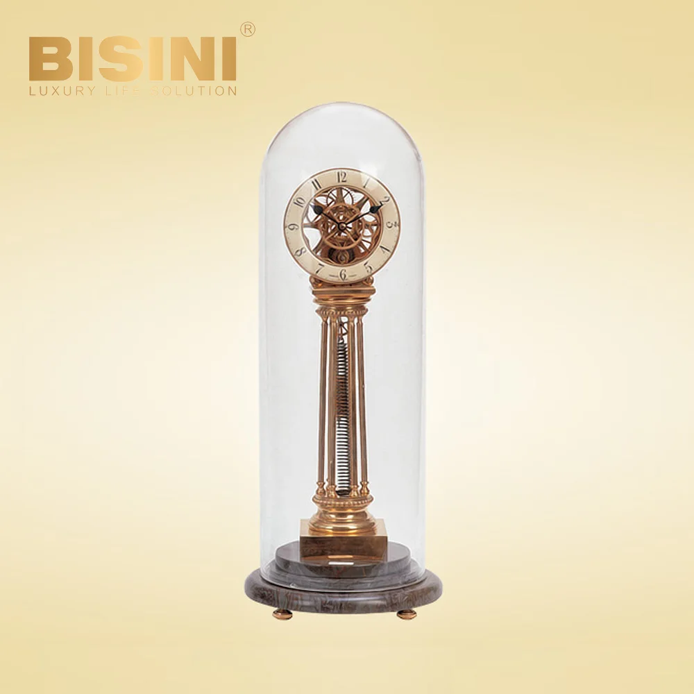 Luxury European antique style Back pendulum skeleton table clock Mechanical gear Desk Clock Glass cover perspective