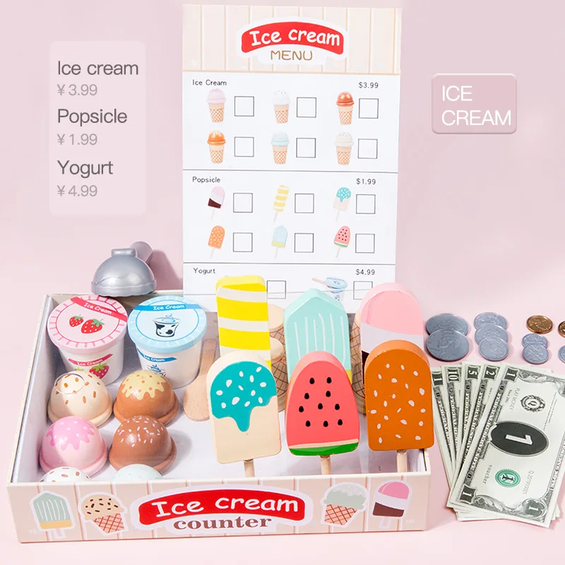 Ice Cream Counter play set for Kids Montessori Pretend Play Food Toys Kitchen Wooden Popsicle Set with Scoop & Cash Ice Cream
