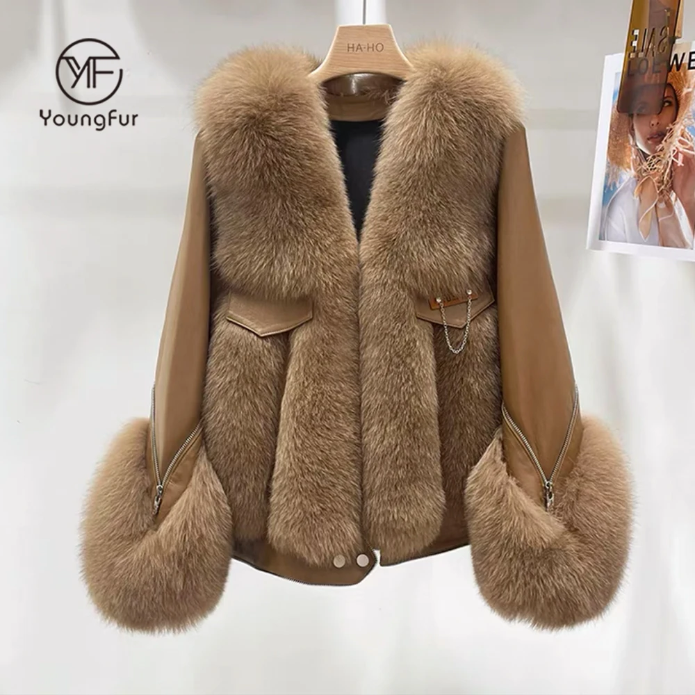 Winter Genuine Leather Coat For Women POP Style  Fox Fur Coat
