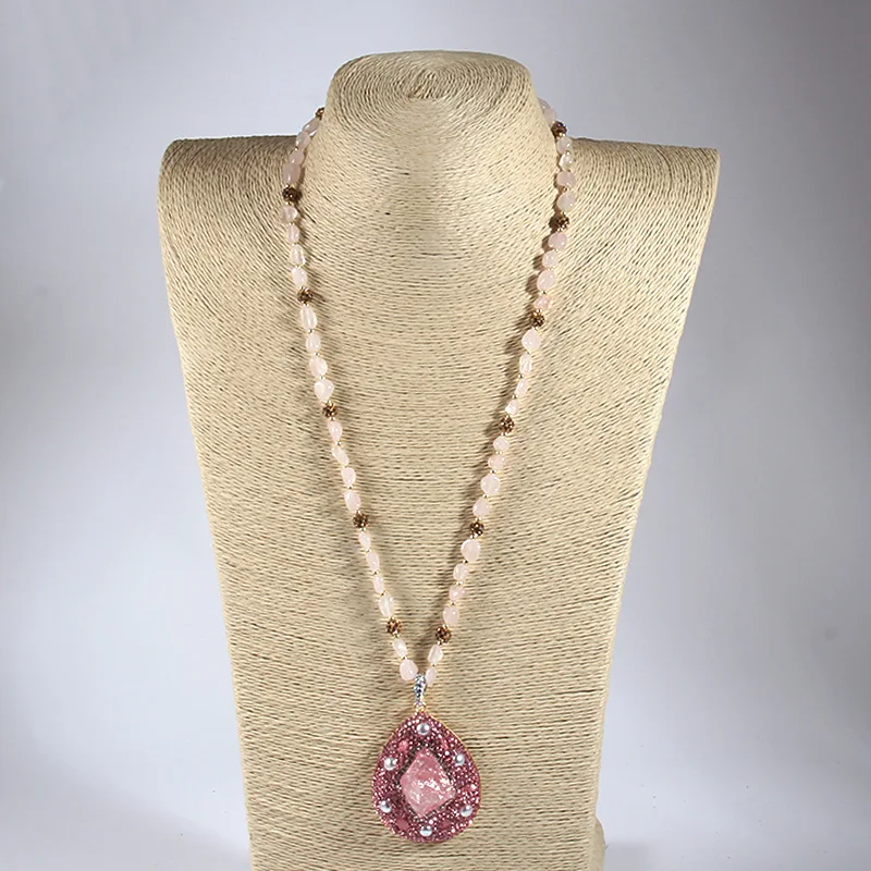 Aquamarine Rose Quartz Rhinestone Pava Ball Hematite Necklace Crystal Rough Pendant Necklace