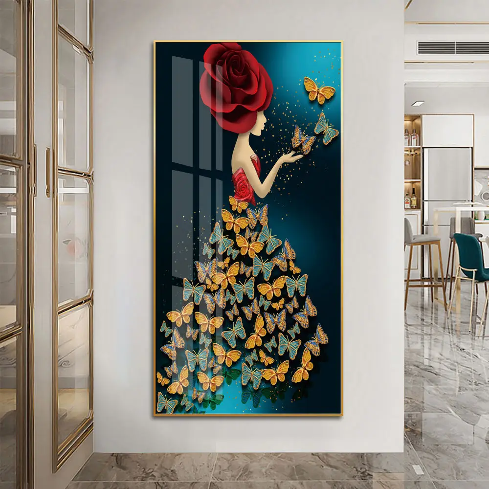 Modern 3D wall art print crystal porcelain glass painting with gold aluminum frame wall decoration wall art