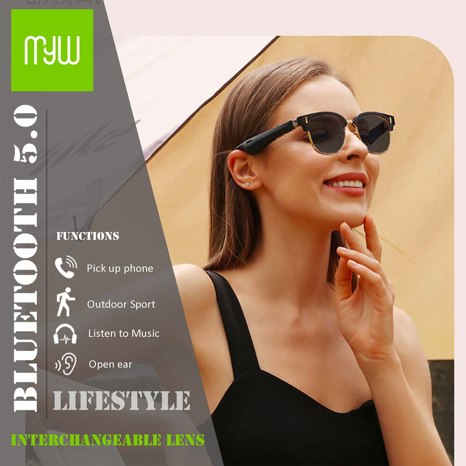 Myw wireless Earphone Smart Glasses Outdoor Sport Wireless headset Bike Sun dusk sunglasses
