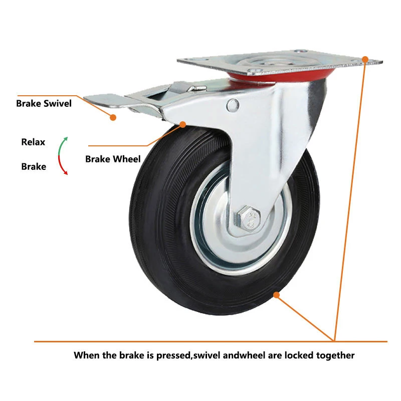 Heavy Duty Caster Wheels 8 Inch 10 Inch Rubber Caster Wheel Brake Swivel Industrial Caster Wheels