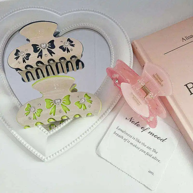 Wholesale custom cute acetate hair claw clips girls rhinestone metal backings bow hair accessories