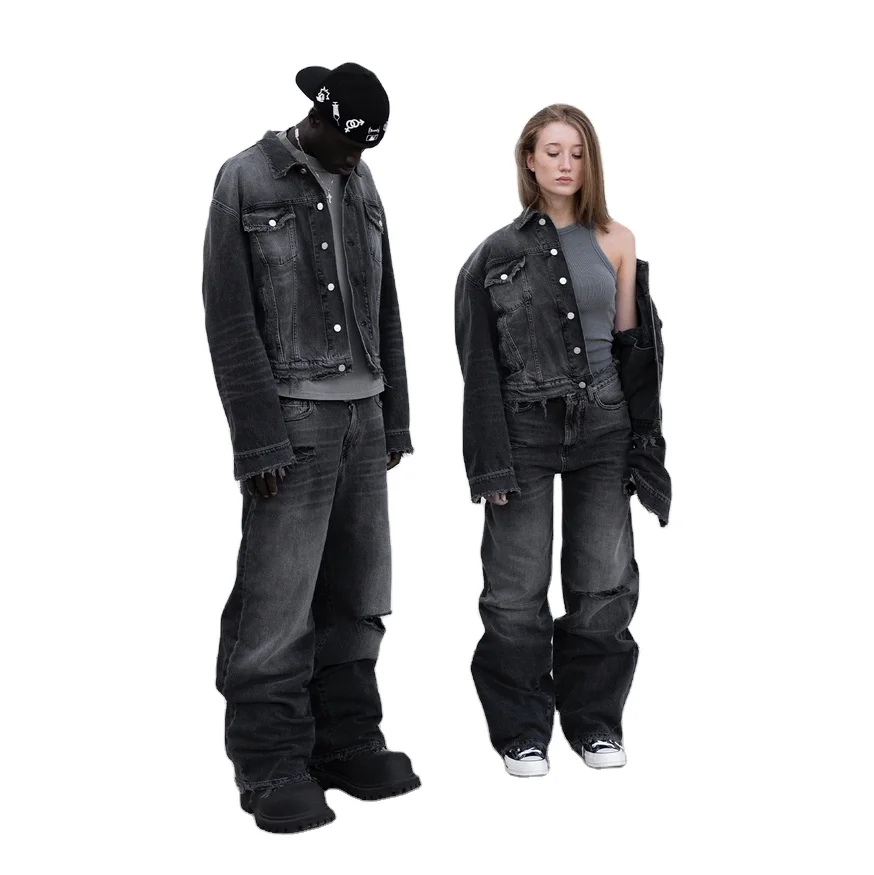 Custom Men Women Vintage Black Washed  Frayed Hem Acid Wash Plain Oversized Baggy Denim Jacket Cropped Denim Jacket Unisex