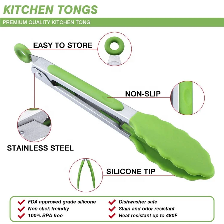 Kitchen Cooking BBQ Salad Grilling Serving Bread Food Metal Utensils Silicone Tong With Custom Logo