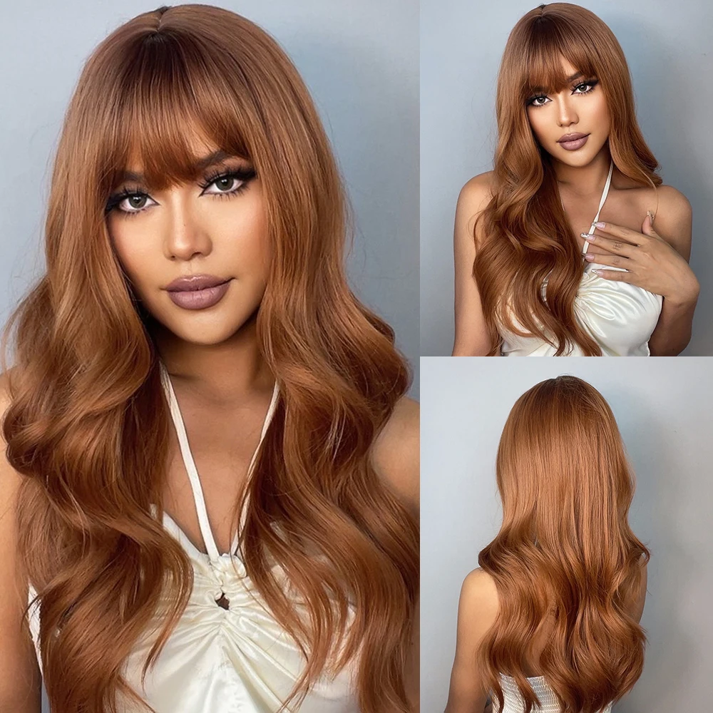 Wholesale Cheap High Quality Brown Color Wigs Heat Resistant Natural Wave Synthetic Hair With Bangs
