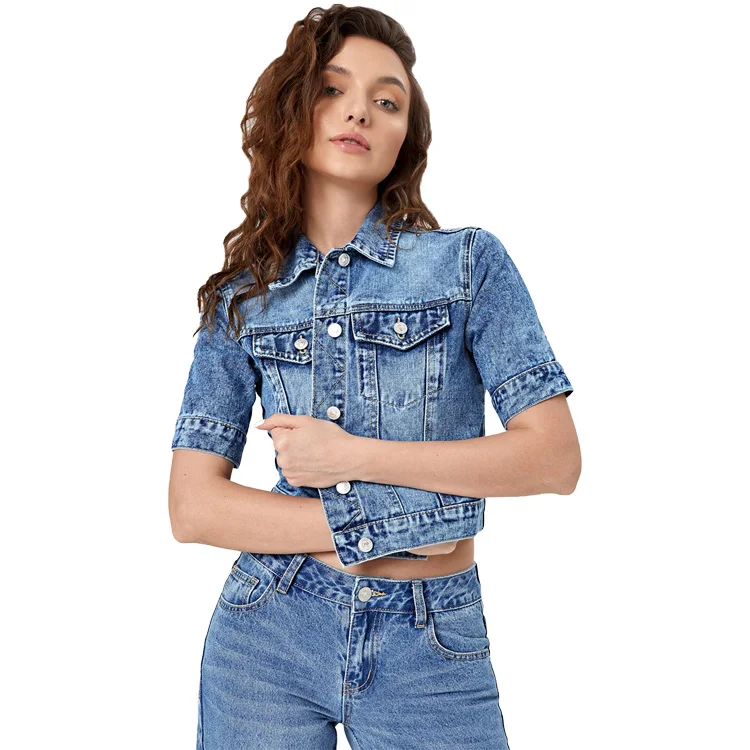Women denim coats and jackets short solid color short sleeve jeans denim-jackets-for-women