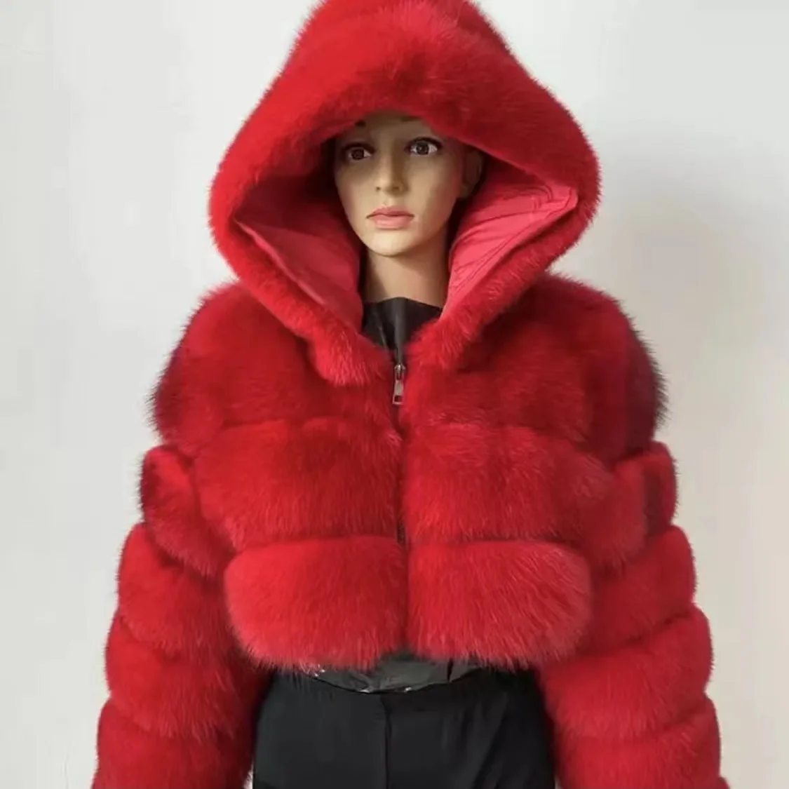Quick Shipping Real Fur Fluffy Short Style Women Fashionable Hooded Fox Coat