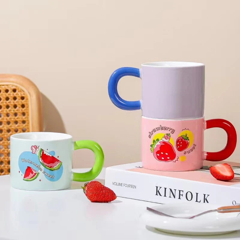 Hot Selling Ins Style Girl Cute fruit Creative Mug 320ml Ceramic Coffee Cup With Fat Handle Customizable Logo
