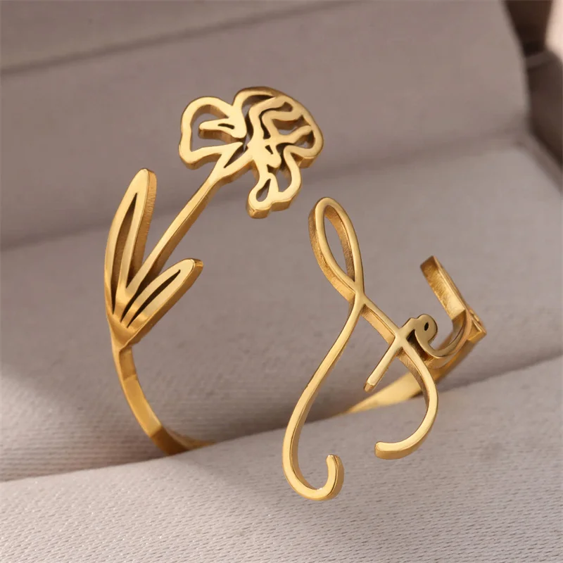 New Arrival Stainless Steel Engraved Month Initial Letter Ring Delicate Adjustable Hollow 12 Months Flower Birth Ring