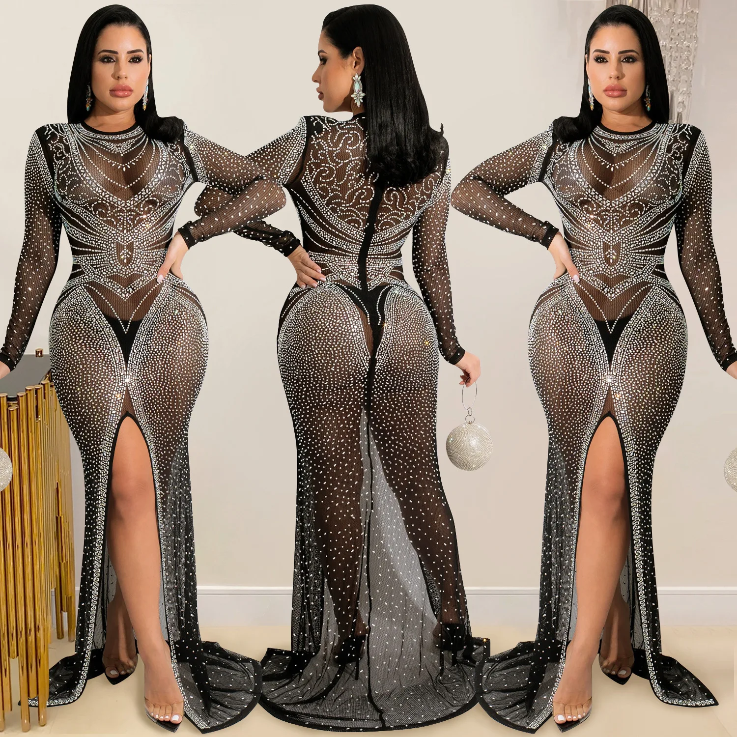 2022 Women Sexy See Through Diamond Mesh Hot Sale Ladies Club Bodycon porn sequin sheath elegant black evening dress