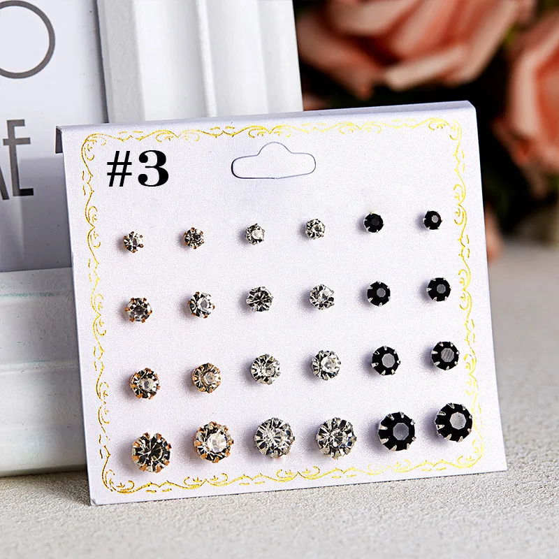 Rinhoo Korean fashion earring set with 12 pairs of round small accessories, zircon card earrings, mixed color pearl earrings