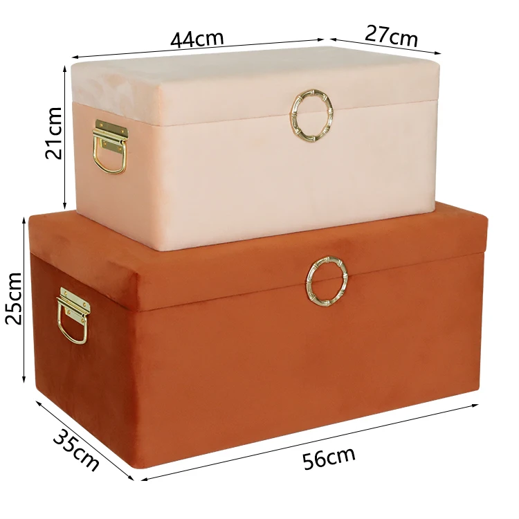Set of 2 brown and peach fuzz travel trunks velvet storage trunk with gold metal handle