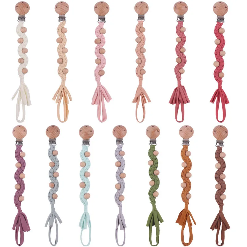 Vintage Crochet Baby Pacifier Clip Chain Woven Cotton Rope Beech Wood Pacifier Clip DIY Dummy Nipple Holder