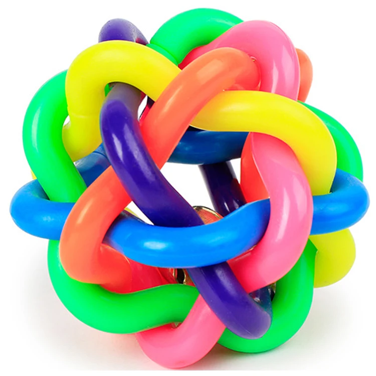Factory stock rubber pet cat toy colorful bell woven ball dog toy
