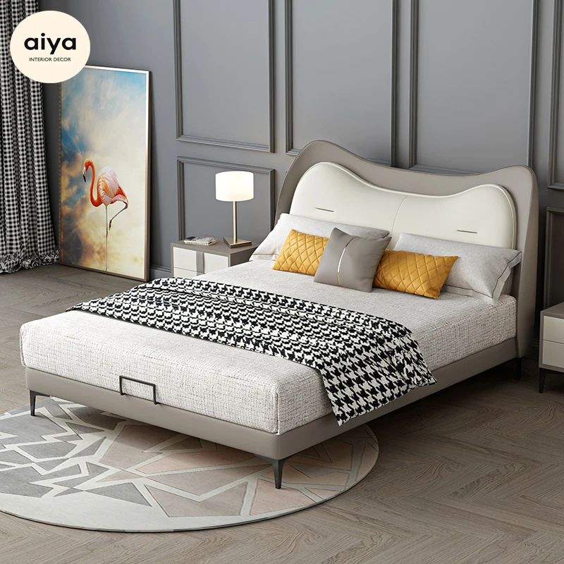 Italian Luxury Contrast Color leather upholstered soft bed child bed with storage