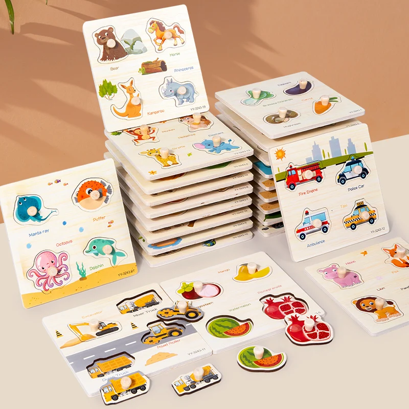 Wooden Mini Cartoon Animal Vehicle Pegged Puzzles Early Educational Learning Toys Baby Montessori Plywood For Kids Boys Girls