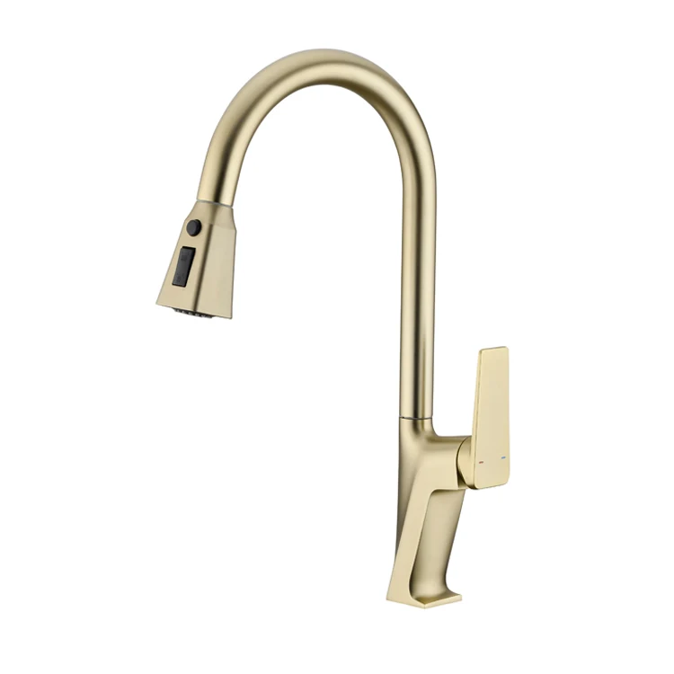 Factory Wholesale Price High Quality Golden Brass Spring Kitchen Sink Faucet with Pull Down Sprayer Hot Cold Mixer Tap