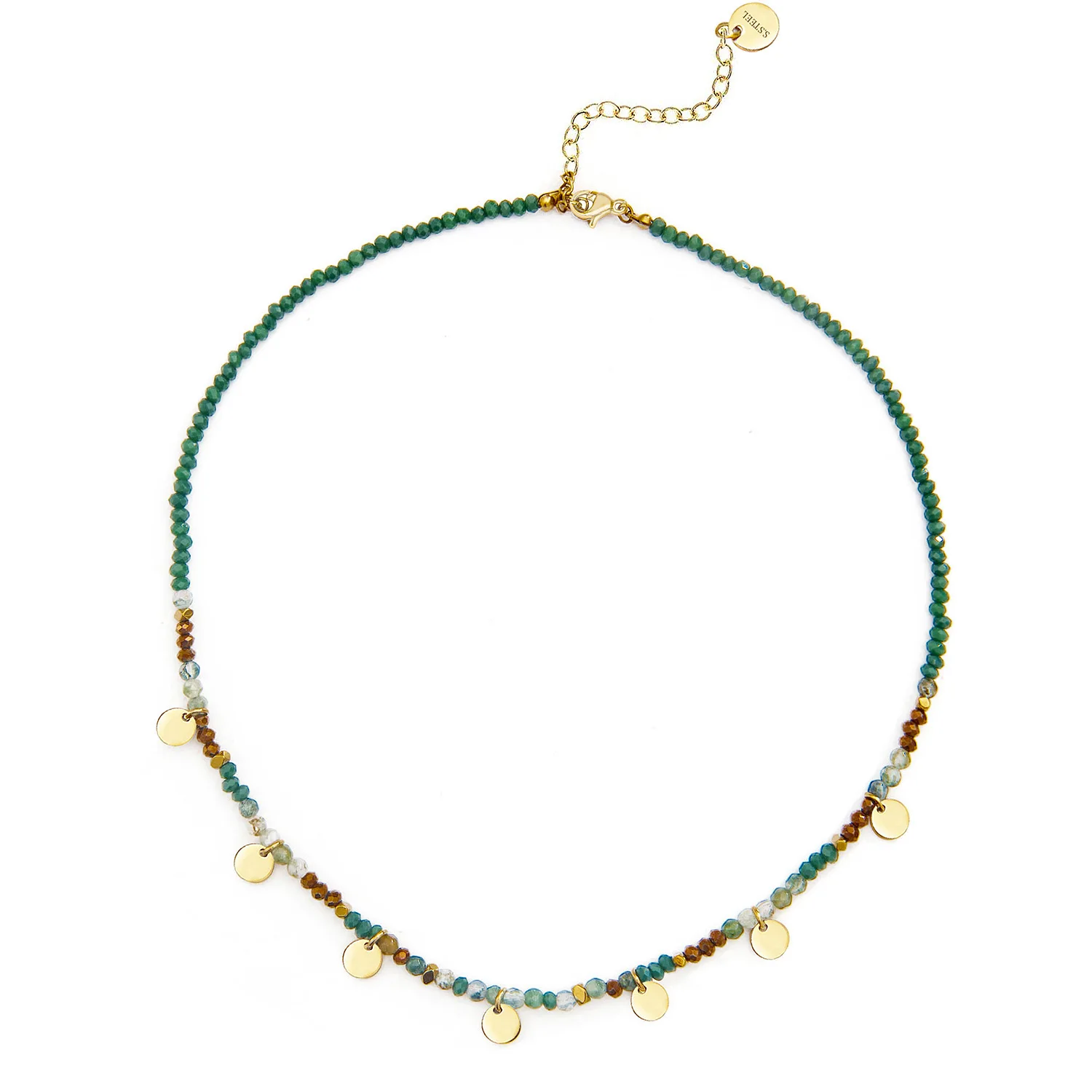 Bohemian style natural stone beaded necklace stainless steel coin tassel fashion necklace for girls