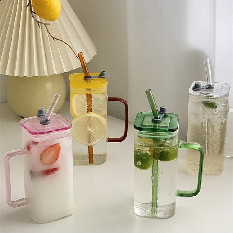 High Borosilicate Heat Resistant Juice Coffee Drink glass square cup with plastic lid and straw