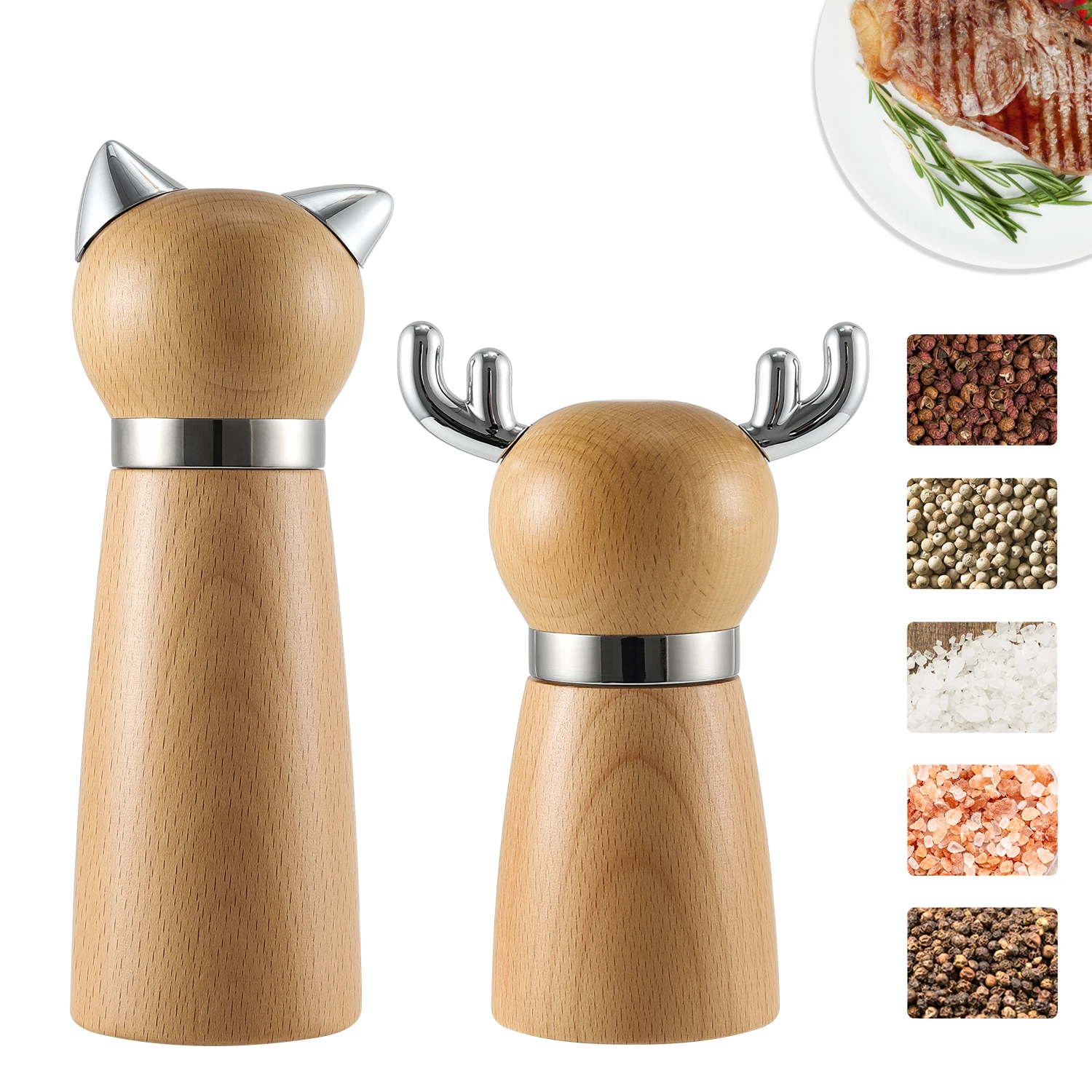 New Gifts Deer&Cat Shape Design Spice and Herb Mills Beech Wood Manual Salt and Pepper Grinder