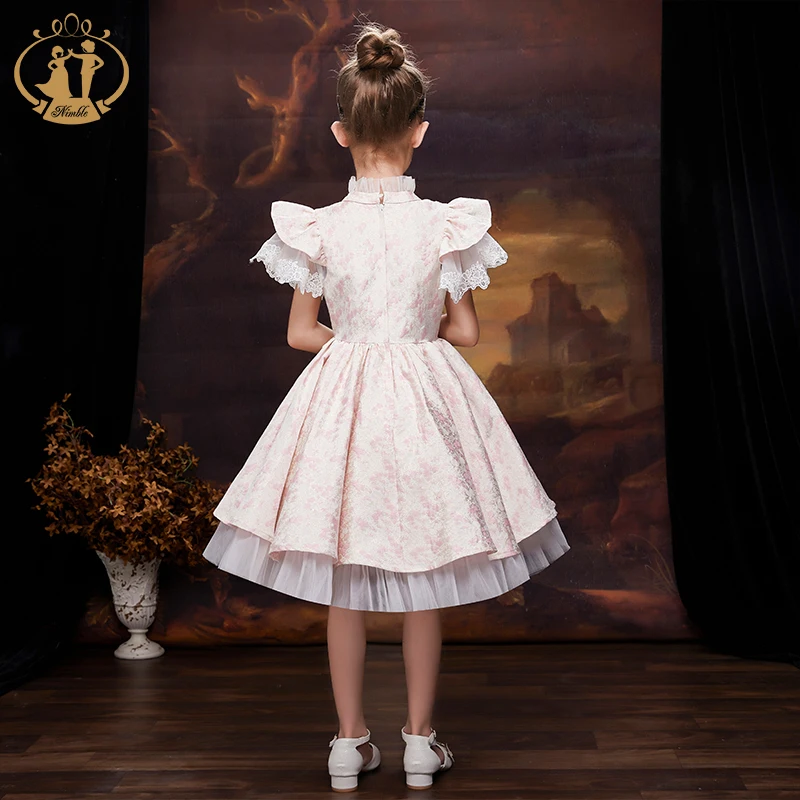 NIMBLE 2022 Jacquard Fabric Beaded Lace Flower Girls Satin Dresses Princess Toddlers Kids Party Ball Gown Holiday Long  Frock