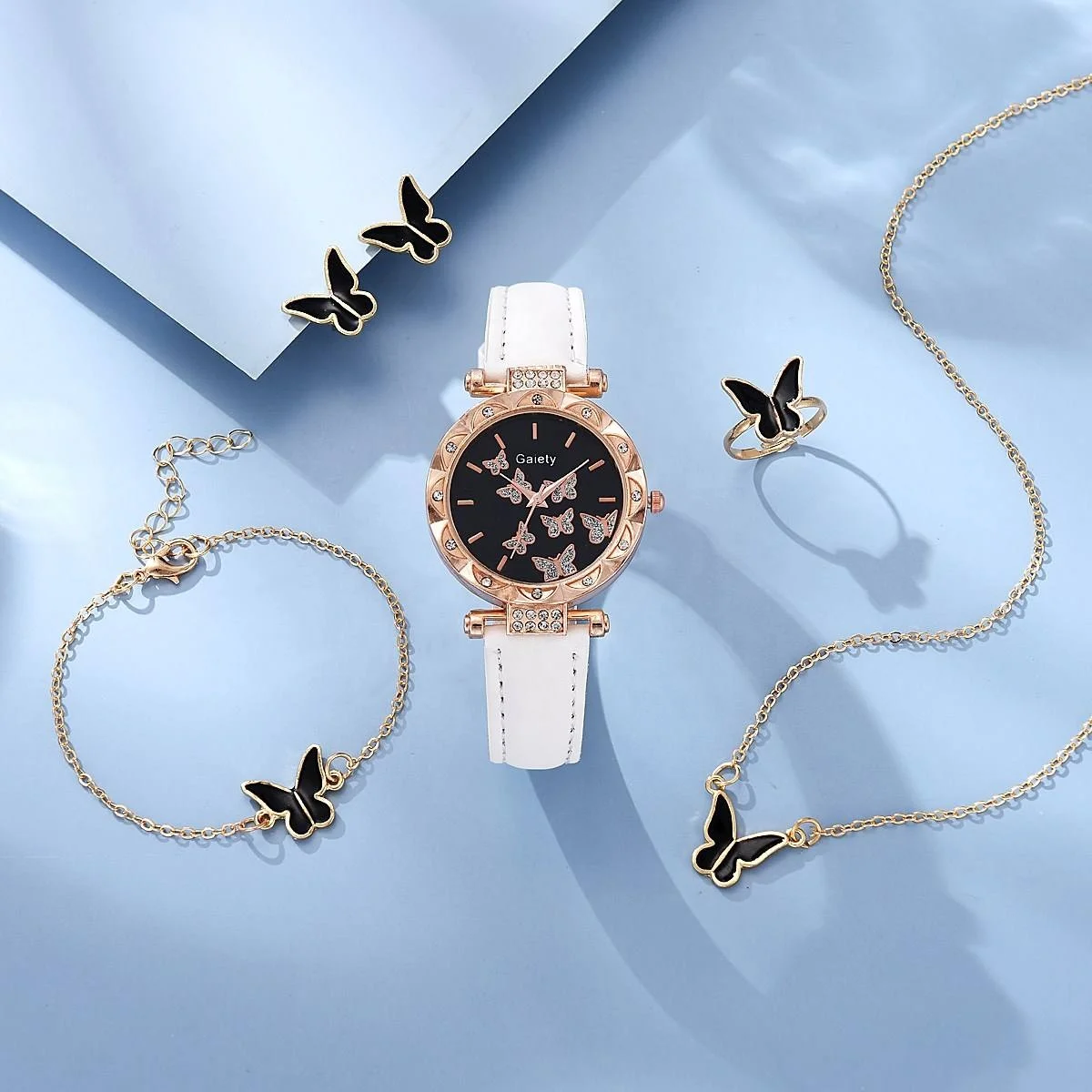 6pcs Luxury Watch Women Ring Necklace Earrings Bracelet Set Watches Butterfly Leather Strap Ladies Quartz WristWatch
