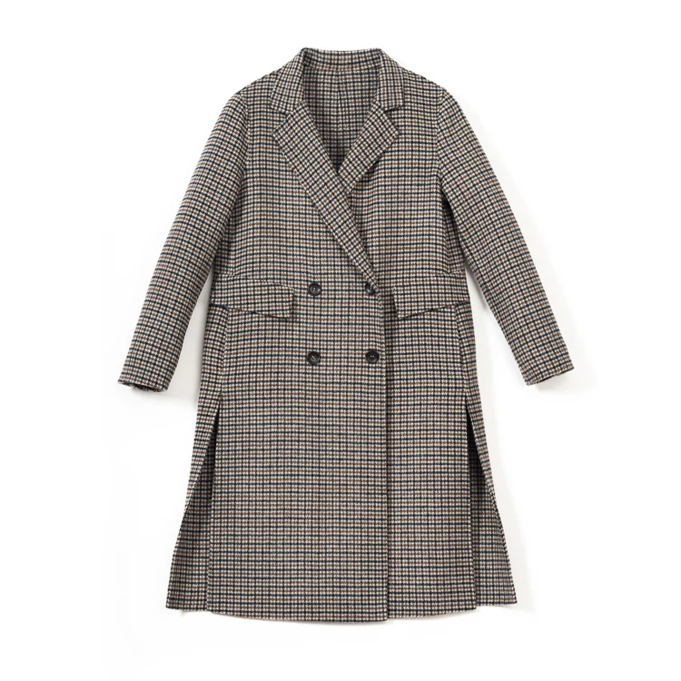 
 Зимнее элегантное корейское женское модное двухстороннее женское длинное клетчатое шерстяное пальто шерстяное кашемировое пальто куртка серого цвета  