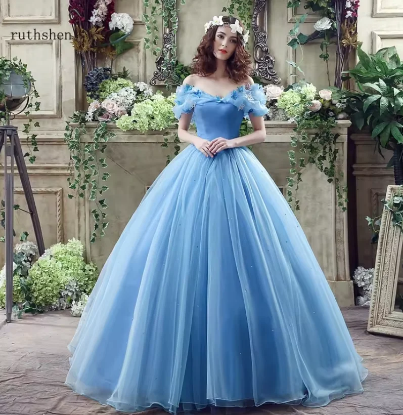 Princess Ball Gown Off- Shoulder Blue Wedding Dress Bridal With Corset Back for quinceaneras