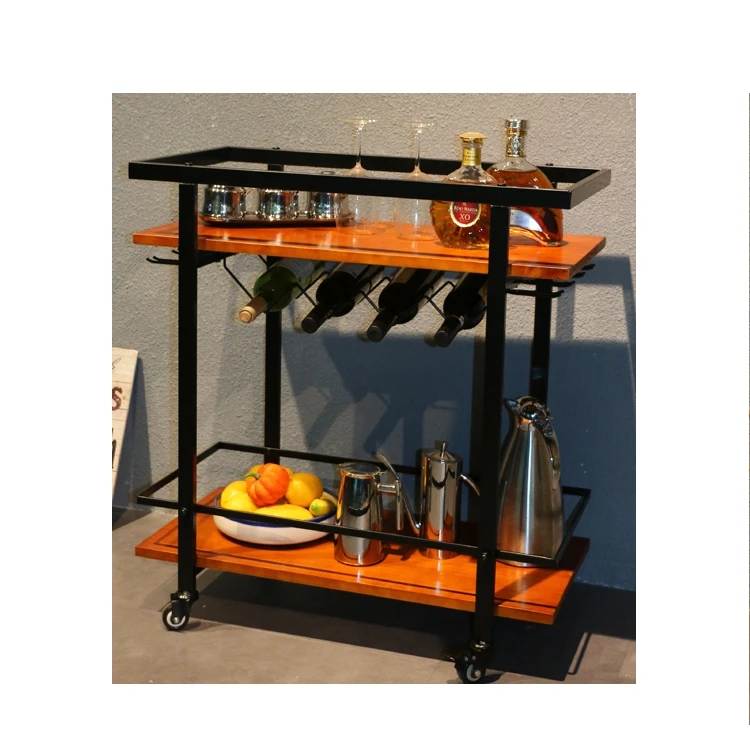 Hotel Serving Cart Trolley with Wine Bottle Holder Industrial Food Drinks 2 Tier Restaurant with Wheels Bar Hotel Furniture Iron