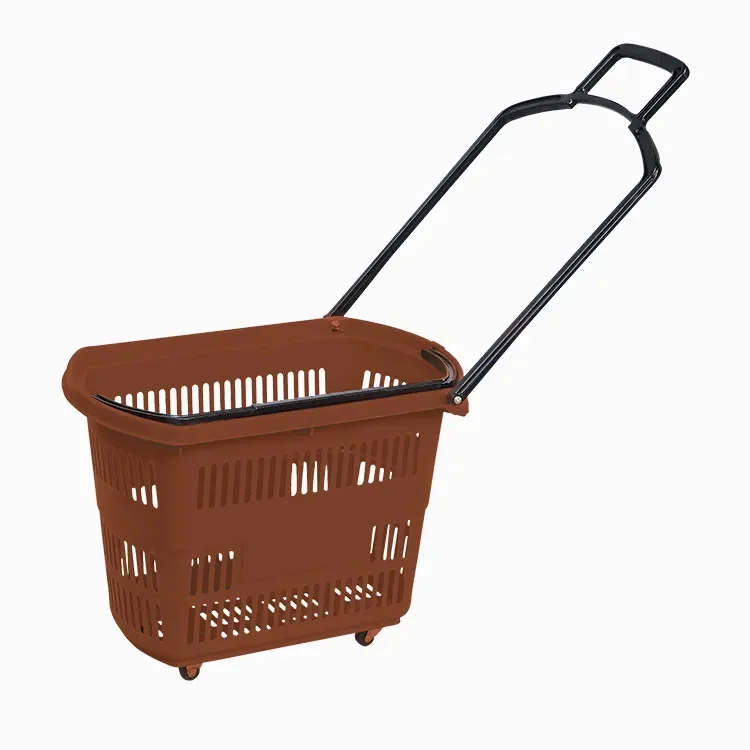 Hot Products Cheap Supermarket Pull Handle Plastic Shopping Basket With Wheels