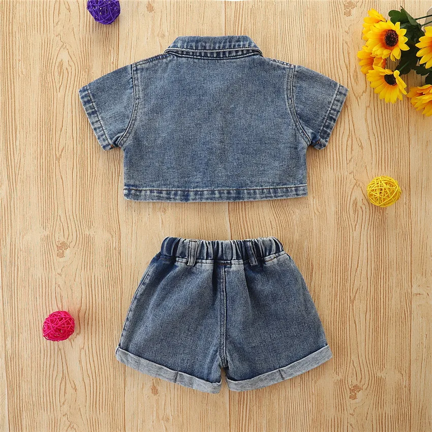 Hot sale summer fashion baby girls denim suit clothes sets crop tops+ blue denim shorts 2pcs toddler girls clothing set