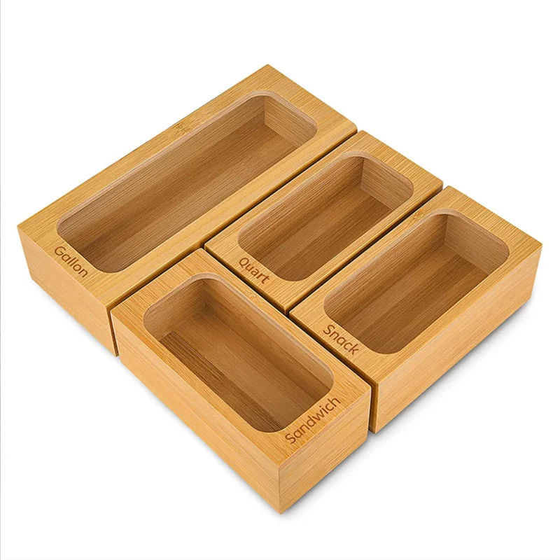 Wholesale Bamboo Aluminum Foil Cling Ziplock Bamboo Storage Boxes Dispenser Sandwich Bag Organizer For Kitchen Drawer
