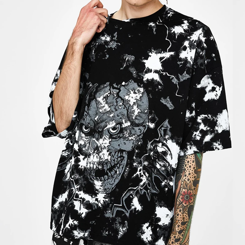 
Wholesale tie dye screen print skull pattern streetwear oversize t shirt 