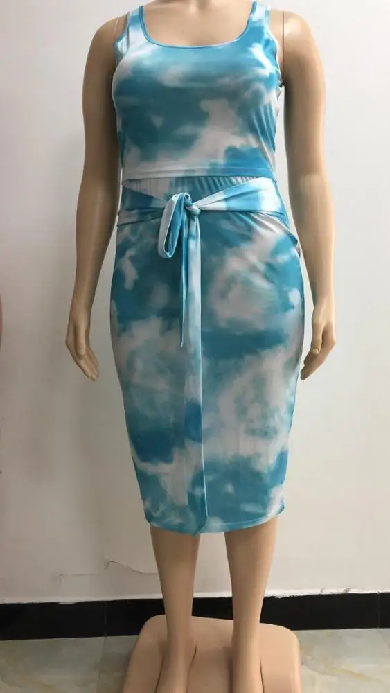 
New fashion trendy Tie-dye printed 2020 women dresses sexy summer plus size bodycon midi dress tops and skirt two pieces sets 