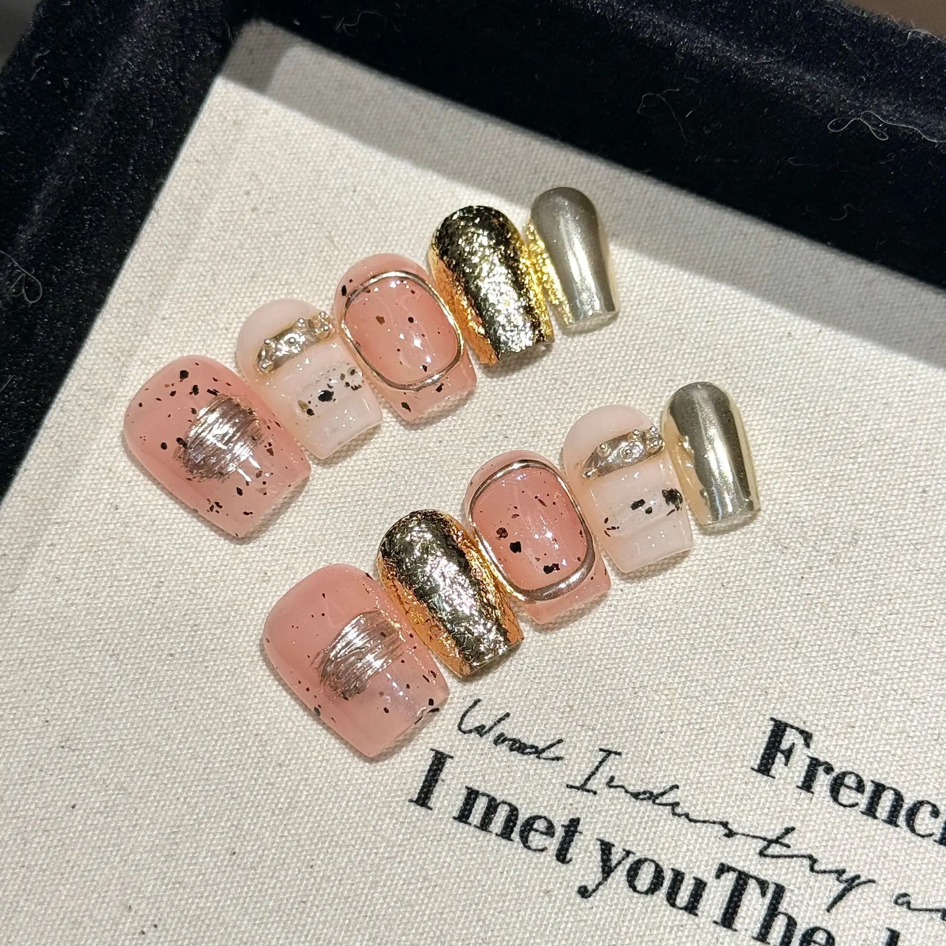 Design #2294 High Quality 10PCs square Shape gold color Design French Press On Nails False Nails