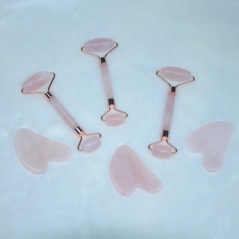 
In stock! 100% natural rose quartz jade roller gua sha sets wholesale 